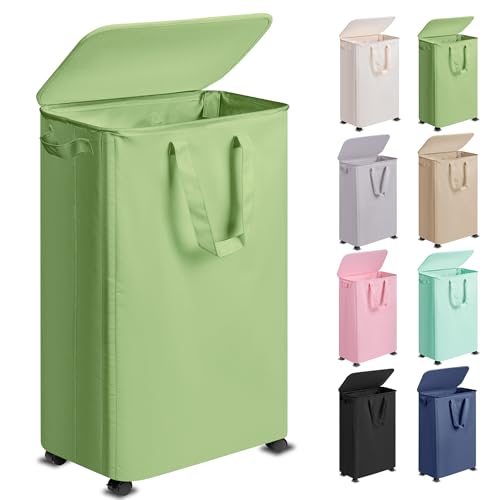 Vincona Slim Laundry Hamper with Lid and Wheels, Small Rolling Laundry Basket with Handle for Small Spaces, Tall Dirty Clothes Hampers for Dorm, Bathroom and Bedroom, 75L Sage Green - color: Sage Green, size: 75L