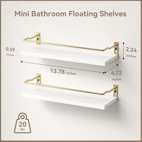 RICHER HOUSE Bathroom Shelves, Small Floating Wall Shelf for Bathroom Decor, Wall Mounted Wood Shelves, Bathroom Organizer Over Toilet Storage, Guard-Rail Kitchen Shelves Set of 2 - White Gold - color: White & Gold