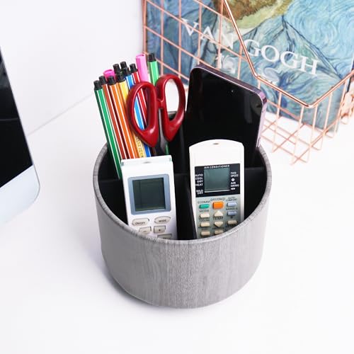 Round Leather Art Supply Organizer,Remote Control Holder,360 Degree Spinning,Multi-Functional Pencil Holder,4 Compartments Desktop Stationary Organizer(1-Thin Wood Grey) - color: 1-Thin Wood Grey