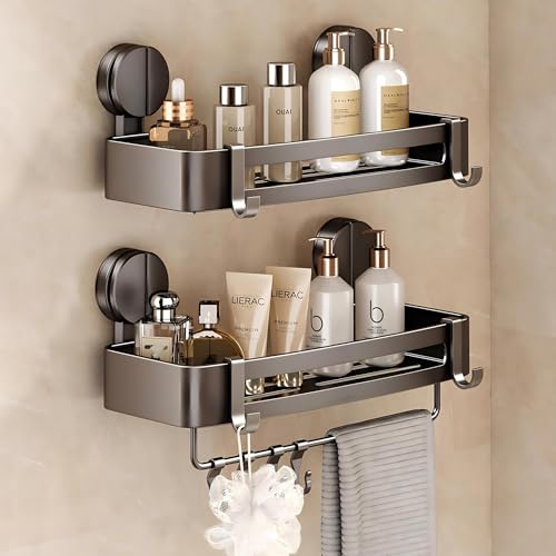 VOLPONE 2 Pack Shower Caddy Suction Cup, Corner Shower Shelves No Drilling, Showers Organizer Storage with Towel Bar & Removable Hooks, Bathroom Shower Shelf Rack for Inside Showers, Square - style: Square 2 Tier