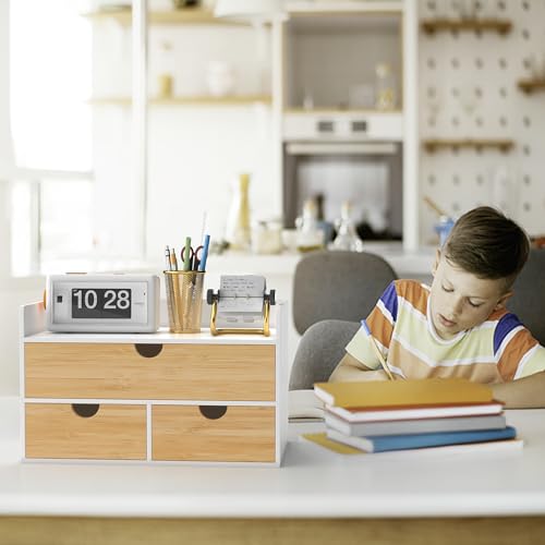 Desk Organizer with Drawers - Bamboo Desktop Organizer Storage | White-Natural Wood Desk Drawers Organizer for Bills, Office Supplies, Cosmetics, Seals No Assembly Required - color: 1 White-Natural, size: 13”L x 6.6”W x7.87”H