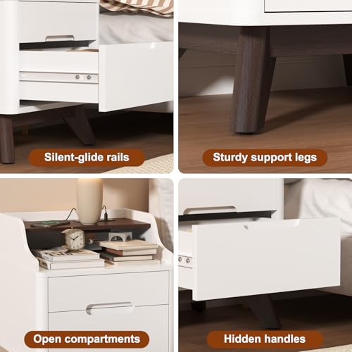 Night Stand with Charging Station, 21" Nightstand with Drawer/Open Shelves, Modern Nightstand w/2 Storage Drawers for Bedroom, Wood Bed Side Table End Table Bedside Table for Dorm, Home Office, White - color: White, size: 15.8"D x 17.7"W x 21.7"H (2 Drawe