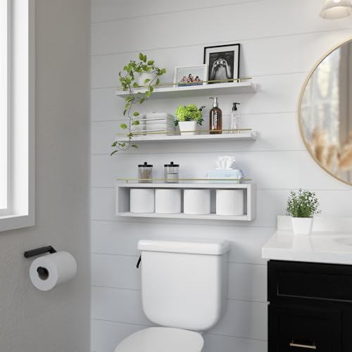 WOPITUES Floating Shelves for Wall 24 inch with Cube Shelf, Wall Shelves with Metal Rail for Decor, Bathroom Organizers and Storage, Over Toilet Shelves for Bathroom, Toilet Paper-White&Gold - color: Gold & White, size: 23.6 inch