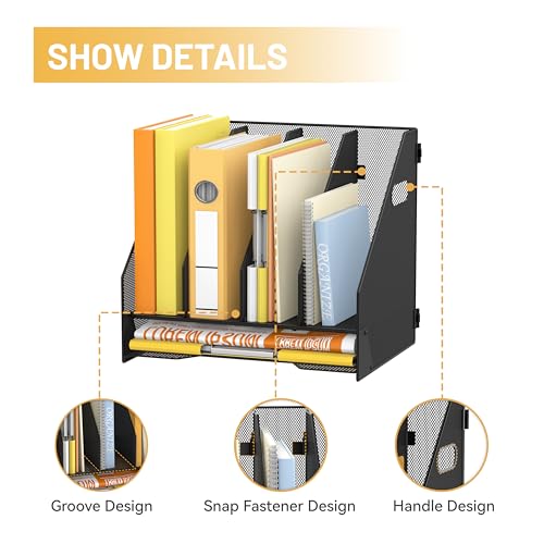 DALTACK Magazine File Holder, 4 Vertical Compartments Rack Binder Organizer with Paper Tray, Metal Magazine Organizer for Office, Home, School (Black) - size: 4Rack