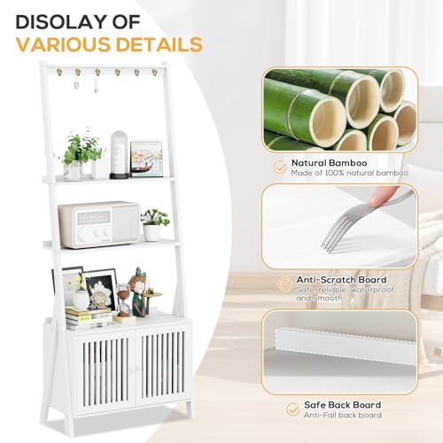Bookcase with Drawers, 4-Tier Bamboo Bookshelf Ladder Shelf with 6 Hooks, 59.5"H x 24.8"L x 10.6"W, Tall Narrow Freestanding Standing Storage Organizer for Living Room, Office, Bedroom, White - color: 4-tier White