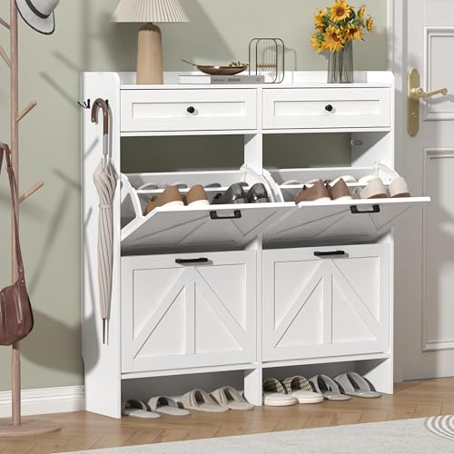 Thacuok Shoe Cabinet with 4 Flip Drawers & 2 Storage Drawers, Rustic Farmhouse Narrow Shoe Organizer Cabinet, Slim Shoe Rack Cabinet, Shoe Storage Cabinet for Entryway, Hallway, Front Door - color: White, size: 4 Drawers