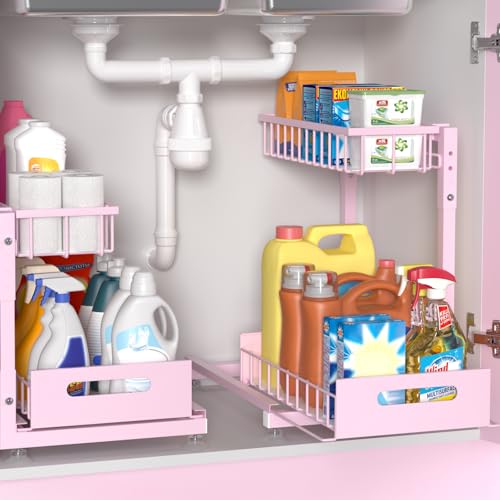 L-Shaped Under Sink Organizer, 2 Pack 2-Tier Pull Out Metal Kitchen Cabinet Organizer with Sliding Storage Drawer, Height Adjustable Heavy Duty Under Bathroom Sink Storage for Cleaning Supplies - color: Pink V2.0, size: 2 Pack