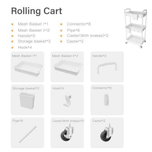 3 Tier Rolling Utility Cart with Handle,REBECAT Utility Cart Made of Multifunctional Storage Organizer Tool for Kitchen,Bathroom,Living Room,Office(White) - color: White