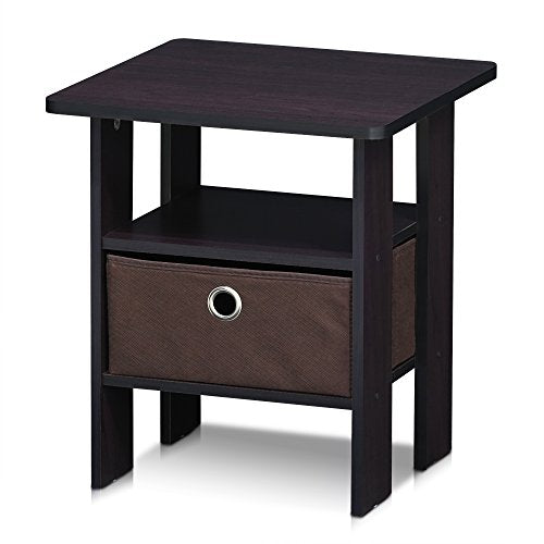 Furinno ANDREY Side Table, End Table, Night Stand with Open Shelves and Storage Bin, Bedside Table, for Living Room, Bedroom, Dark Walnut - color: Dark Walnut, size: 1-Pack, Center Bin