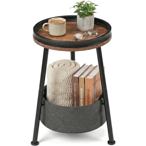 LEMONDA Small Round Side Table with Storage Basket, 11.8" Compact End Table with Tray Top & Fabric Bin, Rustic Wood Bedside Nightstand for Living Room, Bedroom, Small Spaces - color: Rustic Brown