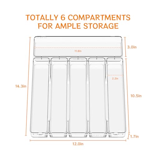 Yieach Clear Large Silverware Organizer 12 inch Wide for Kitchen Drawers,BPA Free Silverware Trays,Plastic Silverware Dividers & Holder,Utensil and Flatware Drawer Organizer Suitable for Fork,Spoon - size: Large