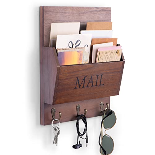 DLQuarts Mail Organizer with Key Holder for Wall Decorative Mail Sorter Wall Mounted, Wooden Mail Holder with 3 Hooks, Dark Brown - color: Dark Brown
