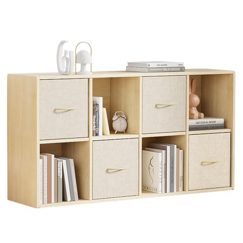 8 Cube Storage Organizer - Solid Wood Bookshelf with 4 Storage Bins, Cube Shelf with 2 Removable Back Panels, Vertical or Horizontal Bookcase, Open Book Shelf for Bedroom, Living Room, Office - size: 8 Cube Shelf