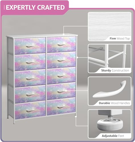 Sorbus Kids Dresser with 10 Drawers - Storage Chest Organizer Unit Nightstand - Steel Frame, Wood Top, Tie-Dye Fabric Bins for Clothes - Wide Furniture for Bedroom, Hallway, Nursery, Closet, Apartment - color: Rainbow Sparkle, style: 10-Drawer