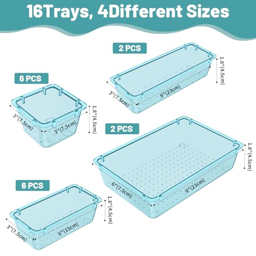 WOWBOX 16 PCS Plastic Drawer Organizer Set, 4 Sizes Desk Drawer Organization and Storage Containers for Makeup, Cosmetics, Jewelry and Gadgets in Kitchen, Bathroom, Bedroom, Office, Clear Sea Blue - color: Sea Blue, size: 16 PCS