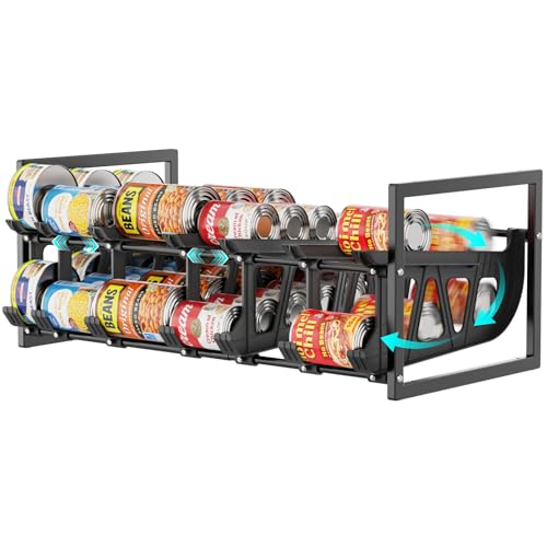 iSPECLE Expandable Can Organizer for Pantry, Large Capacity 60 Cans Can Storage Organizer Pantry Rack, Auto Rolling Dispenser & Stackable Metal Wire Holder for Deep Pantry Shelves, Black - color: 60 Cans, Black