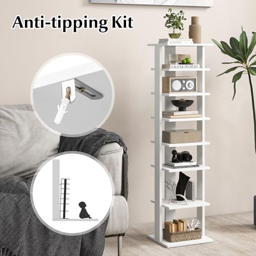 COSTWAY 8-Tier Vertical Shoe Rack, Tall Narrow Shoe Storage Organizer with Removable Shelf for Boots, Anti-Tipping Kit, Space-Saving Shoe Stand with for Small Place, Entryway (White) - color: White
