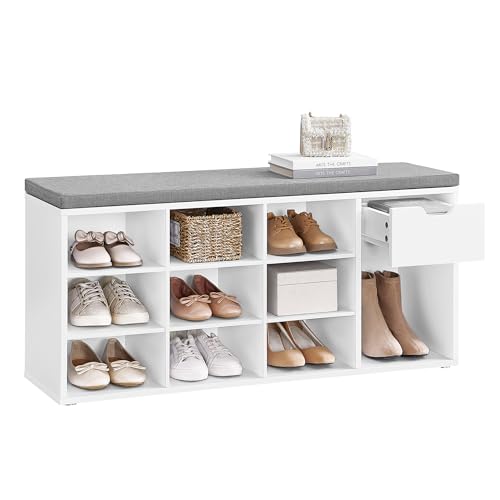 VASAGLE CUSTOS Collection - Storage Bench, Entryway Bench with Cushion, Drawer and Open Compartments, Bench with Storage, Living Room, Bedroom, Closet, White and Gray ULHS24WT - color: White + Gray