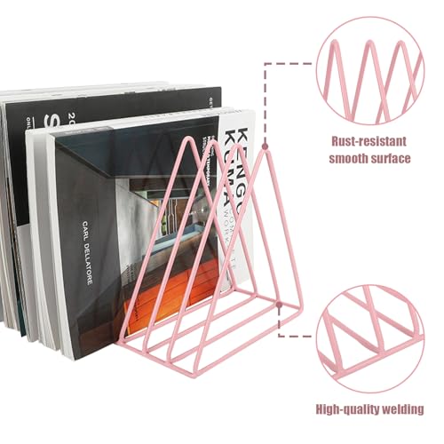 EASEPRES Vinyl Record Holder Storage, 9 Slot Metal Magazine Book Album Display Rack, Stylish Triangle Desktop File Sorter Organizer for Home Office, Pink - color: Pink