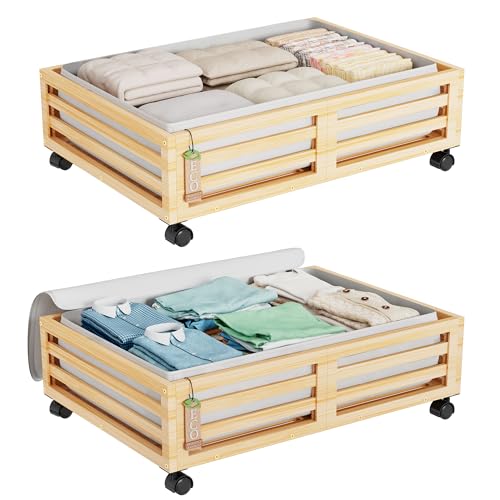Wisuce Bamboo Under Bed Storage Containers- Underbed Organizer with Wheels with Dust Bag,Sturdy Wood Rolling Under the Bed Shoe Storage Organizer Drawers (Nature, 2 Pack (23.62"×16.54")) - color: Nature, size: 2 Pack (23.62"×16.54")