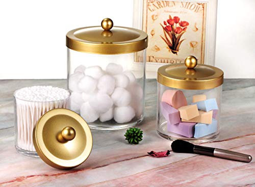 SheeChung 3-Pack Plastic Apothecary Jars with Gold Metal Lids - Large 50oz, 25oz & 15oz Clear Acrylic Storage Set - Shatterproof Modern Luxury Vanity & Home Organizer - Glam Decor - color: Gold, size: 50 oz & 25 oz & 15 oz