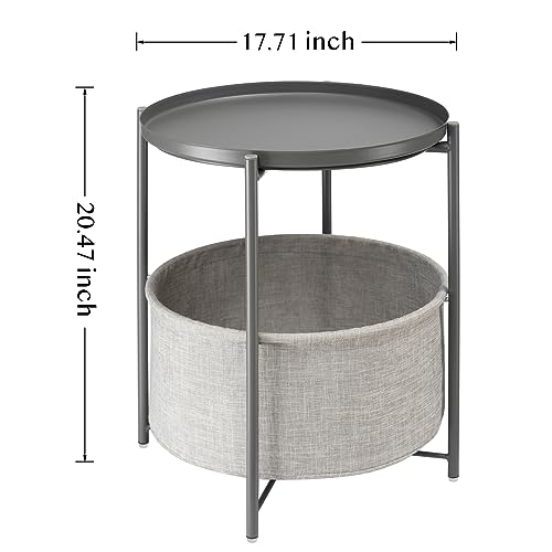 danpinera Round Side Table with Fabric Storage Basket, Metal Side Table Small Bedside Table Nightstand with Removable Tray Top for Living Room, Bedroom, Nursery, Laundry, Gray - color: Grey