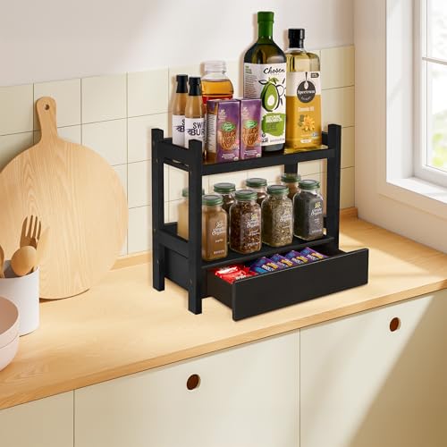 Sorbus Bamboo Bathroom Counter Organizer – 2-Tier Shelf with Hidden Drawer for Vanity, Matcha Station, Bathroom Sink Organizer Countertop, Kitchen & Office Storage (13″ L x 6.5″ W x 12.6″ H) (Black) - color: Black, size: 13" x 6.5" x 12.6"