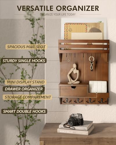 Rebee Vision Farmhouse Key Holder Wall Mount – Decorative Mail Organizer with 9 Key Hooks and Mini Drawer Organizer – Rustic Home Decor for Apartment Essentials (Brown) - color: Brown, style: Small Drawer