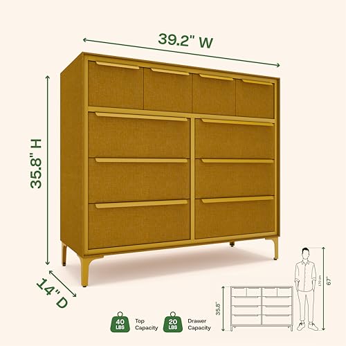 tinge Naima Premium Fabric Dresser - Strong Metal Frame, 10 Spacious Sag-Proof Drawers with Sleek Metal Handles - Premium & Durable Storage Solution for Your Home (Yellow) - color: Yellow, size: 14"D x 39.2"W x 35.8"H (10 Drawers)