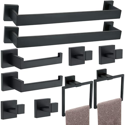 10 Pieces Bathroom Hardware Accessories Set Black, Bathroom Towel Rack Set SUS304 Stainless Steel, Square Bath Towel bar Set Heavy Duty, Wall Mounted - color: Matte Black, size: 16" 10pcs