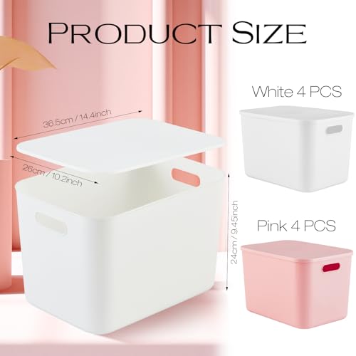 Hoolerry 8 Pieces Colorful Storage Bins with Lid, Plastic Storage Basket Organizing Container Stackable Box with Handle for Shelves Desktop Playroom Office(14.2 x 10.2 x 9.5 Inch,White and Pink) - color: White and Pink, size: 14.2 x 10.2 x 9.5 Inch