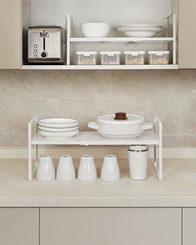 Nxconsu Cabinet Shelf Organizer, Expandable Width (13.4"–24.8"), 5-Level Adjustable Height, Metal Counter Shelf Riser Spice Rack for Kitchen Cupboard Pantry Under Sink Countertop, White, Non-Slip - size: Standard Depth (8.6") - 1 Pack