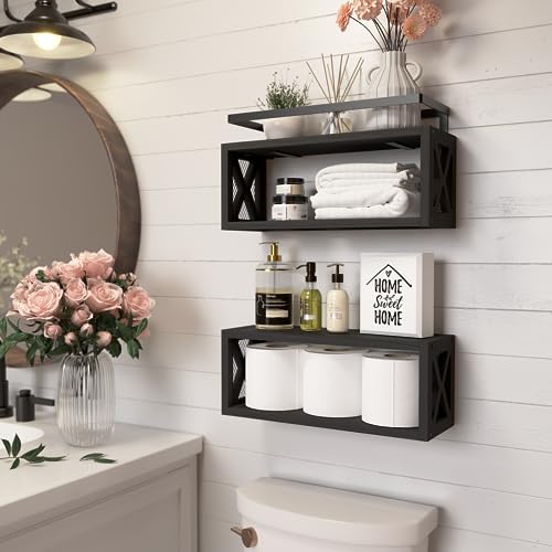 RICHER HOUSE Floating Shelves with Guardrail, Rustic Wood for Wall Décor, Farmhouse Bathroom Accessories Mounted, Organizer over Toilet Storage, Kitchen, Living Room - Black - color: Black