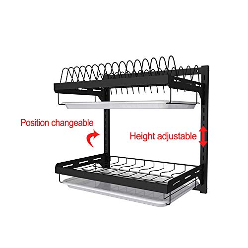 junyuan Kitchen Dish Rack,Hanging Dish Drying Rack Organizer Storage Shelf Over Sink,2 Tier Wall Mount Bowl Holder with Drain Tray and Silverware Stainless Steel Black Coating Ajustable Height - size: 2tier-Wall Mount