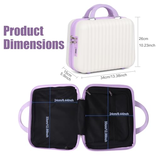14 Inch Makeup Train Case Portable Hard Shell ABS Cosmetic Travel Case with Security Lock Large Toiletry Organizer Box with Elastic Strap for Suitcase Handle Travel Essentials Gift for Women - color: Beige+Purple, size: 14 Inch