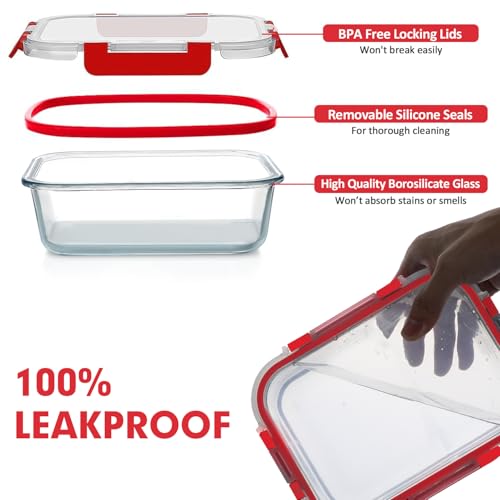 VERONES 30 Pieces Glass Meal Prep Containers Set, Stackable Glass Food Storage Containers with Lids-Airtight Lunch Containers，for Microwave, Oven, Freezer & Dishwasher,Red - color: Red