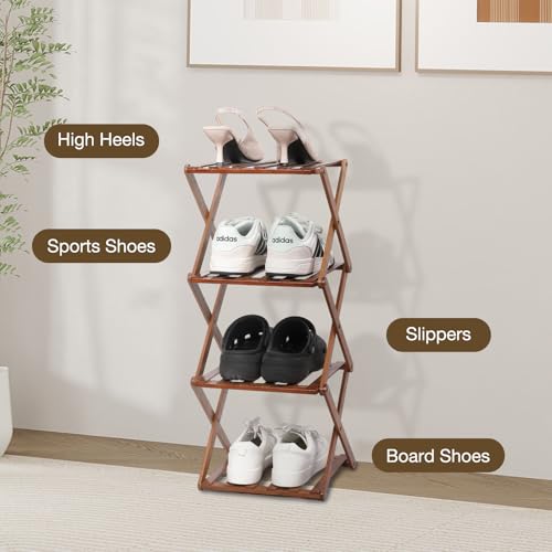 Bamboo Shoe Rack 4 Tier Foldable Shoe Rack Vertical Bamboo Shoe Organizer Free Standing Shelf for Entryway, Closet, Bedroom, Walnut Color - color: Walnut Color, size: 4-tier