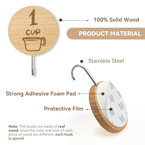 Measuring Cup and Spoon Organizer, 24 Pack Adhesive Wood Hooks for Hanging with 12 Kitchen Conversion Chart Stickers, Kitchen Hooks for Space Saving Storage - style: 24 Pcs Wood Hooks with Stickers