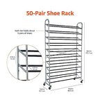 Amazon Basics 50-Pair Shoe Rack Organizer, Portable Rolling with Locking Wheels, Free Standing, 35.8 x 14.6 x 59.5 inches, Chrome