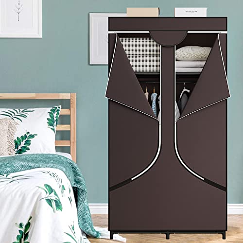 SORCEDAS Portable Wardrobe Closet Storage Organizer Metal Hanging Rack Non-Woven Fabric 34 Inch Coffee (34 Inch, Coffee) - color: Coffee, size: 34 Inch