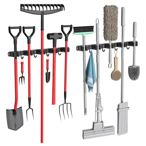 2 Pack Mop and Broom Holder Wall Mount, 5 Racks and 4 Hooks Broom Organizer Storage Garage Tool Racks Wall Mounted Mop Hanger for Home Kitchen Garden Laundry (Black) - style: 2 PACK BLACK