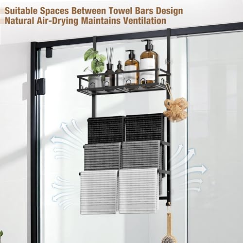Aetyord Towel Racks for Bathroom Over the Door Towel Rack Towel Storage with Metal Shelf Basket and Hooks Black - color: Black