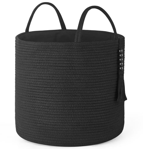 Mkono Woven Storage Basket Decorative Natural Rope Basket Wooden Bead Decoration for Blankets,Toys,Clothes,Shoes,Plant Organizer Bin with Handles Living Room Home Decor, 16" W×13.8" L, Black - color: Black, size: 16" W × 13.8"L