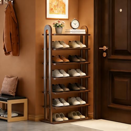 Vertical Shoe Rack - 7 Tier Tall Narrow Shoe Rack Organizer for Small Spaces, Skinny Shoe Shelf Space Saving Shoe Storage, Solid Wood Shoe Shelf for Entryway, Closet, Corner, Doorway, Walnut