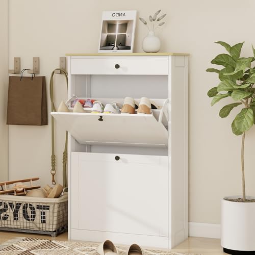 FTZxHKLX Shoe Cabinet with 2 Flip Drawers, Slim Wooden Hidden Shoe Organizer with Drawer, Pet-Proof Narrow Shoe Storage Cabinet for Entryway Living Room Behind The Door - color: White+wood Grain, size: 1pcs
