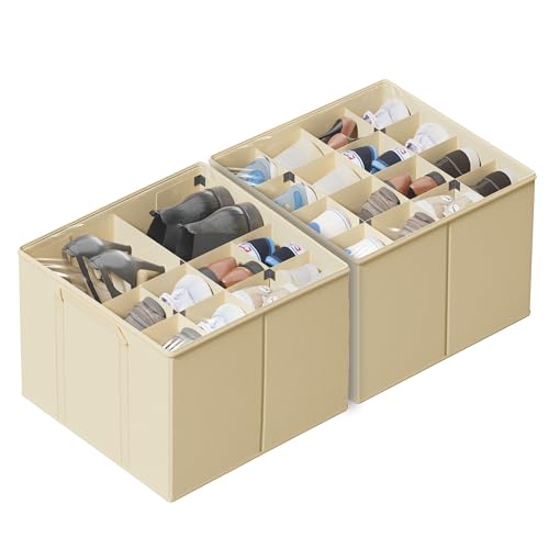SUOCO 2 Pack Shoe Organizer for Closet, Fits up to 32 Pairs, Small Space Shoe Storage Boxes Bins Containers w/Adjustable Dividers and Clear Top, Black, Beige - color: Beige