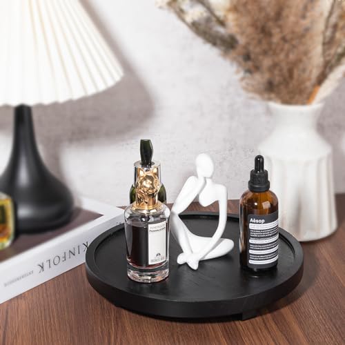 Round Decorative Tray Wood Bathroom Counter Organizer Farmhouse Kitchen Decor Wooden Riser for Soap Dish, Perfume, Candle, Sponge, 10" - Black - color: Black, size: 10"