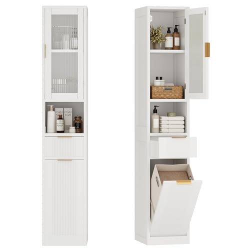 Einhomn 67" Tall Bathroom Storage Cabinet with Removable Laundry Basket & Shelf, Narrow Bathroom Cabinet Storage with Glass Door and Drawer, for Bathroom, Living Room, Entryway, Kitchen, White