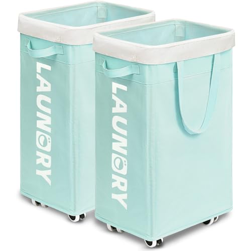 Goodpick Rolling Laundry Basket with Wheels 2-Pack, 75L Large Collapsible Laundry Hamper with Removable Wash Bag Space for living room, Blue - color: Blue 2-Pack