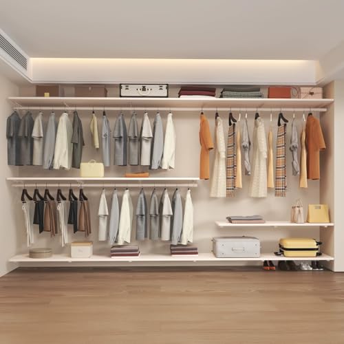 Closet Shelf with Hanging Rod, Heavy Duty Closet Organizer System, Closet Shelves Hold 220 lbs, Wall Mounted Closet Storage & Organizers for Walk in Laundry Room